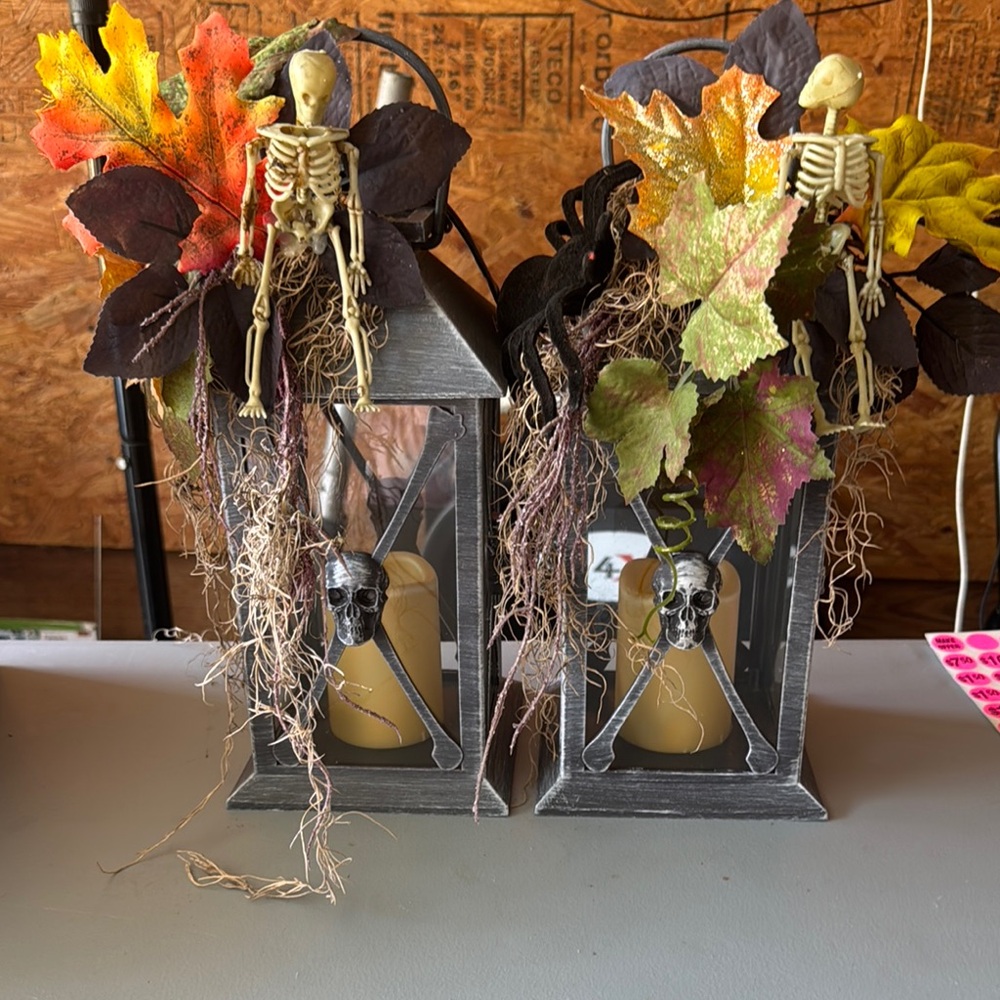Halloween Skeleton Lanterns with Autumn Leaves